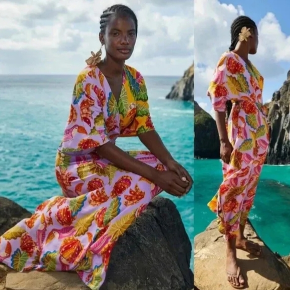 Farm Rio Anthropologie Beaks and Bananas lilac maxi wrap dress size S - Picture 4 of 14